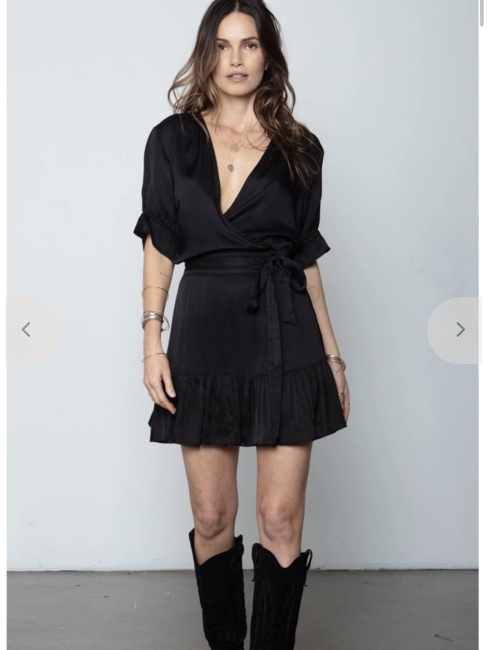 Black Wrap Mini Dress with Tie Waist and Ruffle Hem